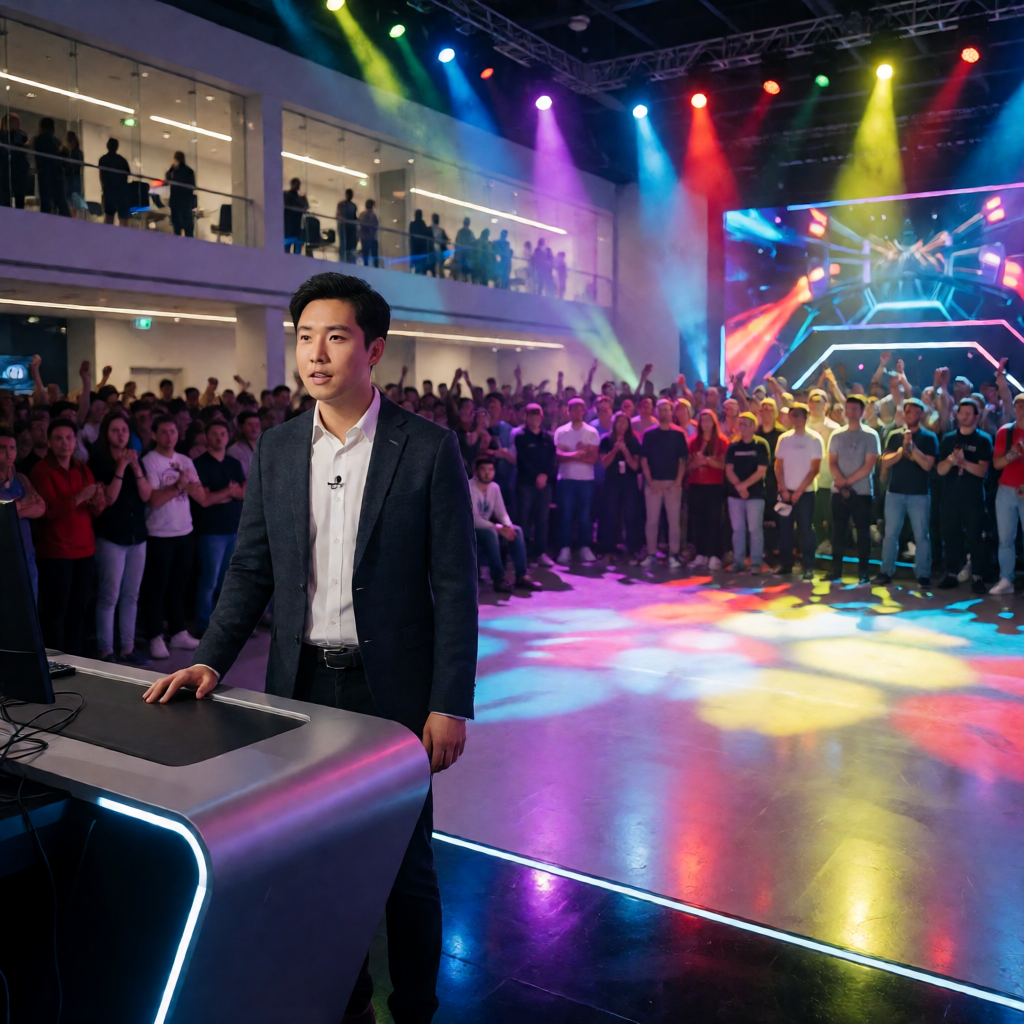 大型电竞赛事现场,舞台灯光炫目
